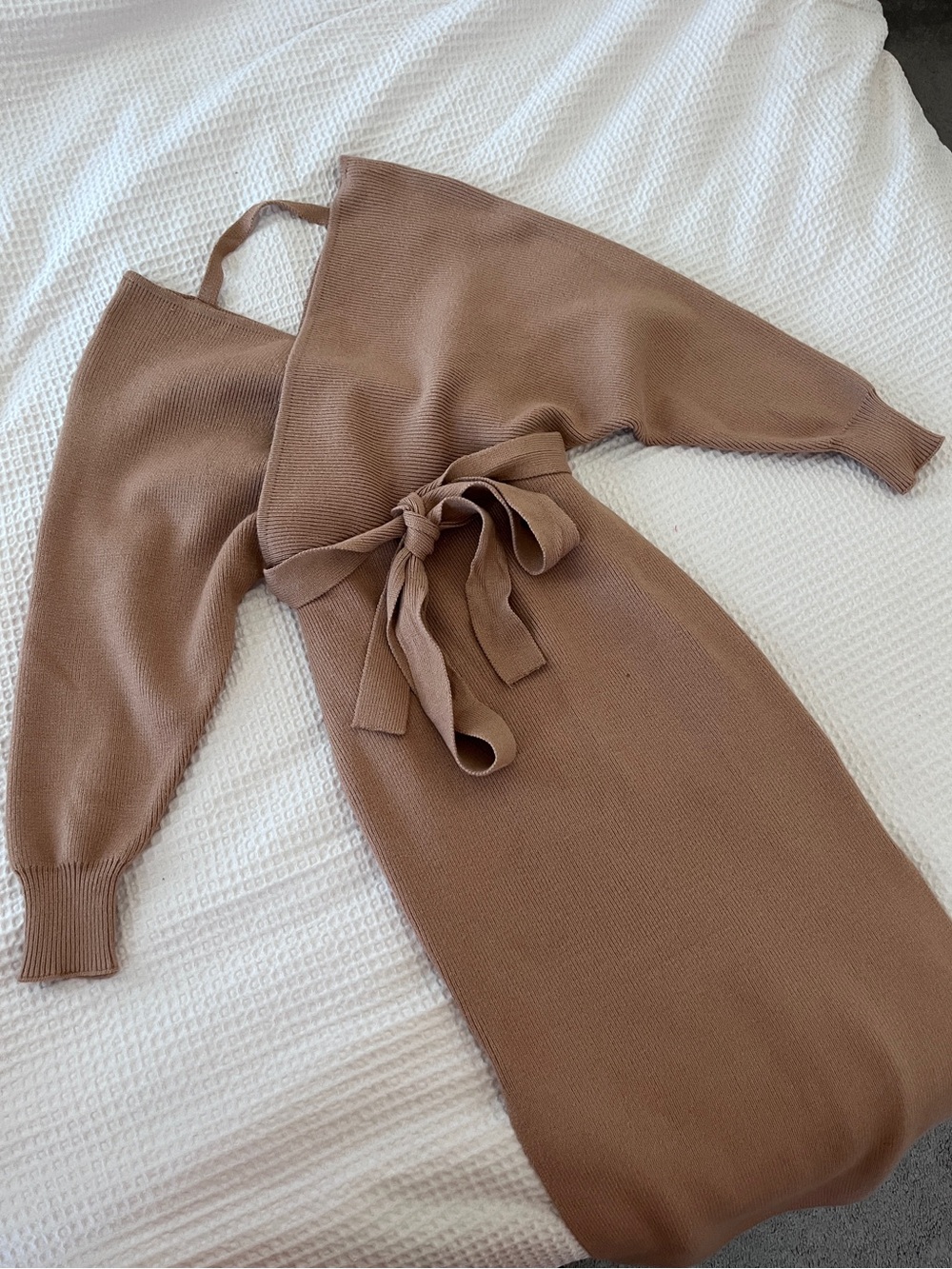 Forever 21 Tan Off the Shoulder Midi Ribbed Sweater Dress with Slit